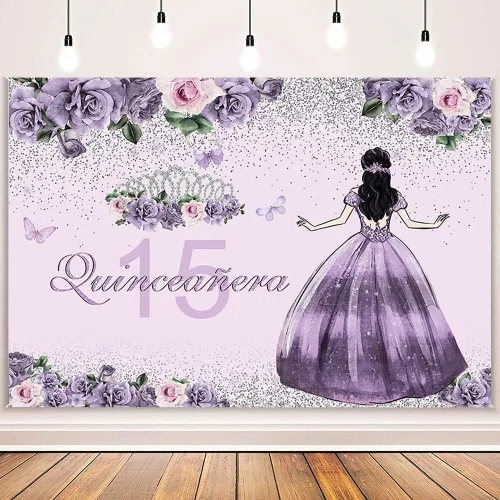 Miniatura 2 de AIBIIN Telón de fondo de quinceañera de 7 x 5 pies, corona dorada, vestido floral morado, corona de princesa, fondo de fotografía, fiesta