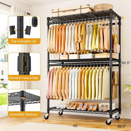Miniatura 7 de ULIFHOME P5 Plus - Perchero resistente para colgar ropa, perchero de metal con ruedas, estante portátil de 3 niveles para armario de 45 pulgadas