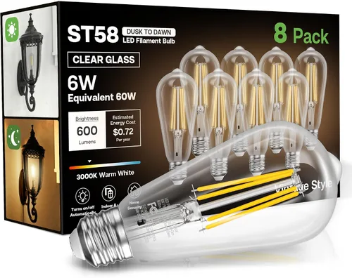 Miniatura 15 de Bombillas del amanecer al anochecer, 6 W equivalente a 60 W, blanco suave 2700 K, base E26, detección de luz, estilo vintage ST58, 600 lm, bombillas