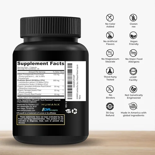 Miniatura 2 de HUMANX Lactobacillus Gasseri & Reuteri+ 20 mil millones de UFC más prebióticos orgánicos y punicaliganos - Suplementos probióticos - Fabricado