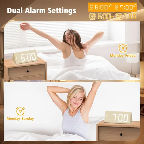 Miniatura 5 de Reloj despertador digital de madera con puertos de carga USB duales, DST, atenuable, función de repetición, reloj LED de tiempo moderno de gran