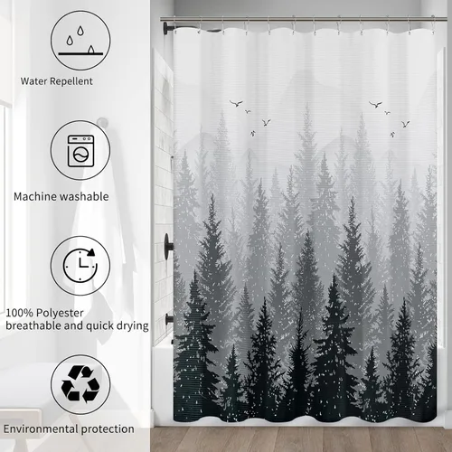 Miniatura 7 de Hokibero Juego de cortina de ducha de baño, cortina de ducha de bosque en blanco y negro, cortina de ducha de montaña, árbol natural, plantas