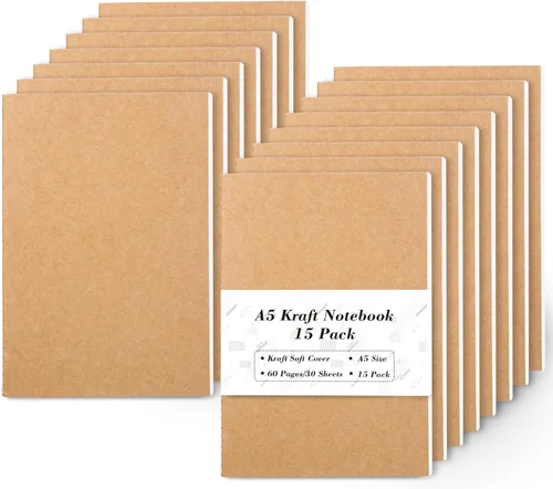 feela Paquete de 15 cuadernos de papel kraft A5, 60 páginas rayadas en blanco, diario de viaje a granel, cuadernos de tapa suave para mujeres,