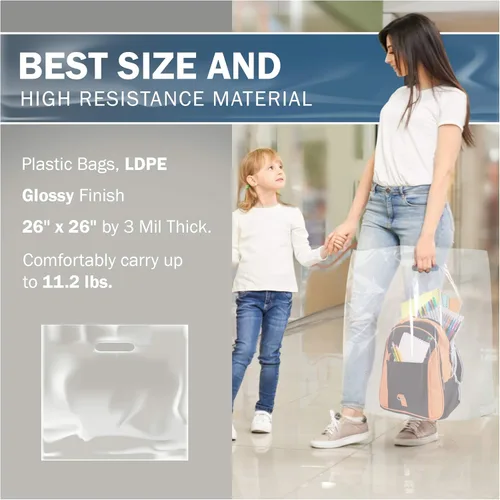 Miniatura 3 de Paquete de 50 bolsas de mercancía transparentes brillantes extra grandes de 26 x 26 pulgadas x 3 mil de grosor, asas troqueladas, ideales