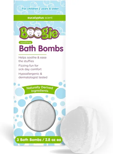 Boogie Bombas de baño para niños, calmantes, derivadas naturalmente, hechas con aloe y vapores calmantes, eucalipto, 3 bombas de baño, 2.8 onzas,