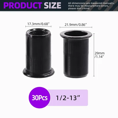 Miniatura 2 de Swpeet Kit de 30 tuercas remachadoras de acero al carbono, SAE UNC 1/2-13, tuercas remachadoras de acero al carbono chapado en zinc negro, kit
