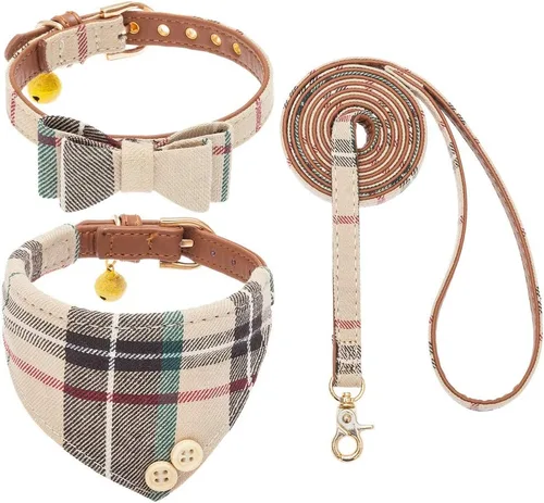 EXPAWLORER Juego de collar y correa para perro - Corbata de moño clásica a cuadros para perro y collar bandana para perro con campana, correa para