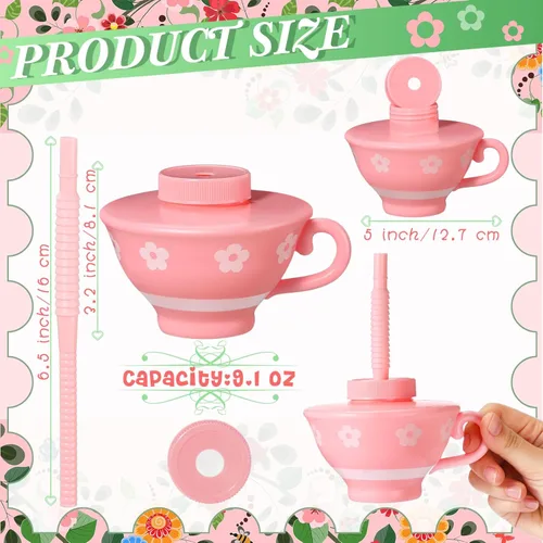 Miniatura 2 de Zhehao 24 tazas de té de plástico con tapas y pajitas para niños, fiesta de té, 9 onzas, reutilizables, desechables, tazas de té a granel