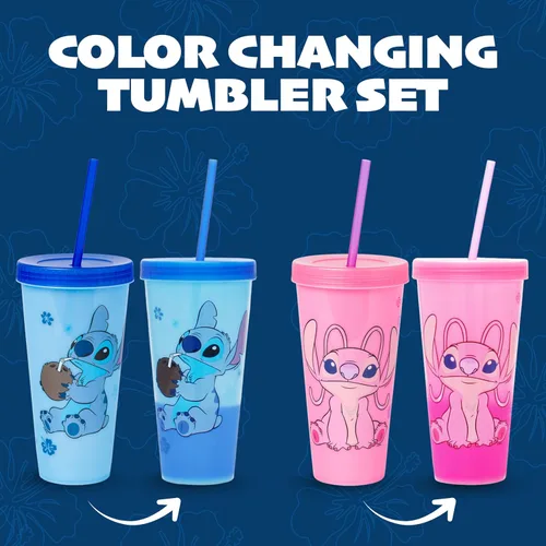 Miniatura 2 de Silver Buffalo Disney Lilo and Stitch Angel Coconut Flowers - Paquete de 2 vasos de plástico que cambian de color, 24 onzas Stitch y ángel