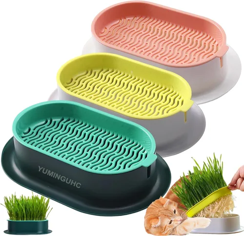 Juego de 3 Macetas para Hierba de Gato, Bandeja de Brotes de Semillas de Hierba de Gato y Hierba de Trigo, Kit de Cultivo de Hierba para Gatos, Caja