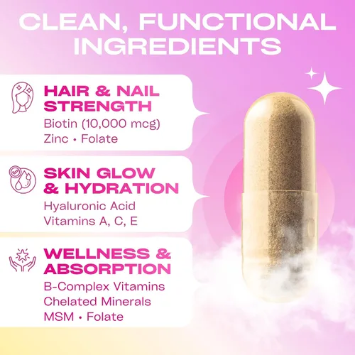 Miniatura 4 de GOBIOTIX Vitaminas para el cabello, la piel y las uñas para mujeres, 10,000 mcg de biotina, ácido hialurónico y MSM, 28 vitaminas con folato