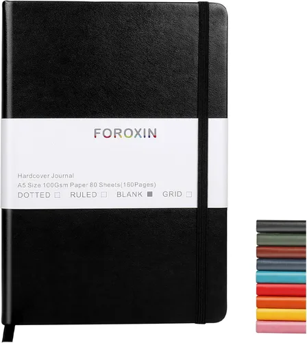Cuaderno de diario en blanco, negro, 160 páginas, tamaño mediano de 8.3 x 5.7 pulgadas, papel grueso de 3.53 oz/m², tapa dura