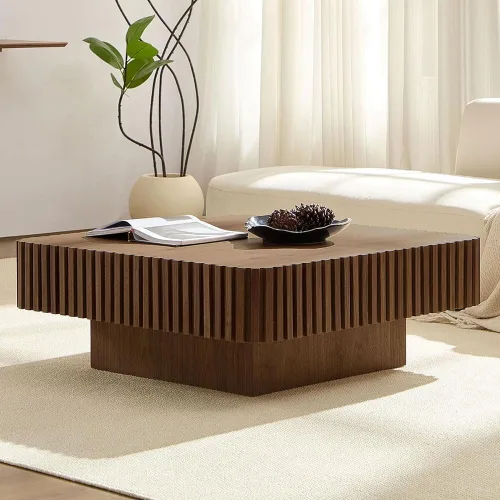 Miniatura 28 de Mesa de Centro Cuadrada de 35.43'' para Sala de Estar Mesa de Centro Acanalada Mesa Central Moderna con Pedestal para Apartamento Negro