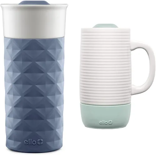 Ello Jane - Taza de viaje de cerámica de 18 onzas con asa, tapa deslizante resistente a salpicaduras y posavasos incorporados y taza de viaje de
