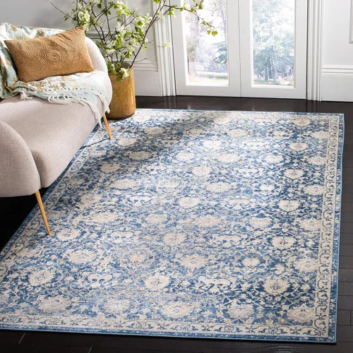 SAFAVIEH Brentwood Collection BNT896N - Alfombra decorativa de 2 x 4 pies, color azul marino/crema, floral, envejecida, no desprende pelusa, para