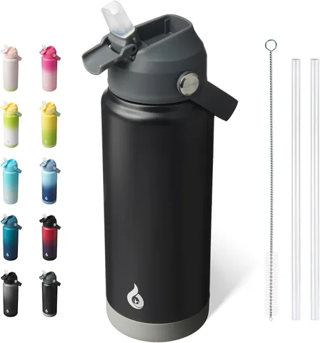 Miniatura 46 de BJPKPK - Botella de agua aislada con tapa de popote, 532 ml Botellas termo con boquilla suave, asa flexible y base antideslizante, libre de BPA, a