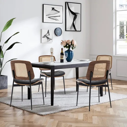 Miniatura 15 de LUNLING Sillas de comedor modernas de mediados de siglo, silla retro beige de piel sintética con asiento tapizado de madera curvada de nogal, patas