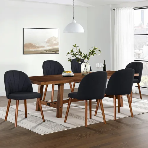 Juego de 6 sillas de comedor de tela, sillas de comedor modernas tapizadas de mediados de siglo, silla decorativa sin brazos con patas de madera de