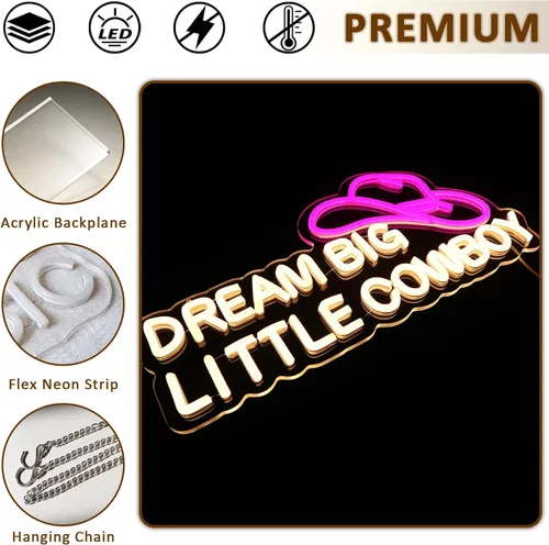 Miniatura 6 de Dream Big Little Cowboy - Letrero de neón para decoración de pared, letrero LED de sombrero de vaquero para habitación, luces de neón occidentales