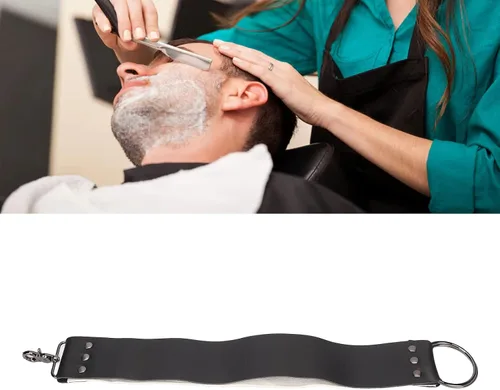 Miniatura 3 de Strop de cuero negro con ganchos de anclaje de latón para afilar cuchillos, rasurar corte recto, herramienta de limpieza duradera para maquinillas