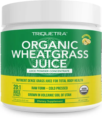 Polvo de jugo de pasto de trigo orgánico, cultivado orgánicamente en suelo volcánico de Utah, forma cruda y bioactiva, prensado en frío y secado con
