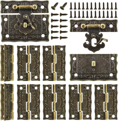 Gancho derecho rectangular antiguo, cerrojo, bisagra grabada en bronce vintage con tornillos a juego para reparación y decoración, cajas de madera,