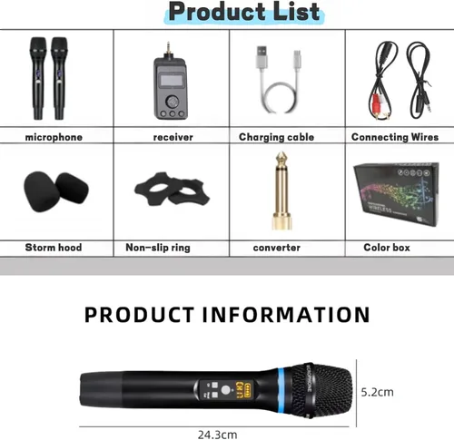 Miniatura 8 de Microfono, micrófonos recargables duales inalámbricos para karaoke con receptor para canto de karaoke, discurso, iglesia, compatible con teléfono
