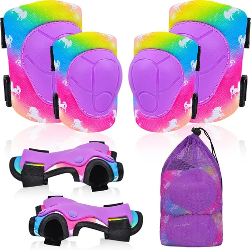 Miniatura 11 de Rodilleras para niños, juego de equipo de protección ajustable con bolsa de malla, rodilleras y coderas, protector de muñeca para niñas, patines