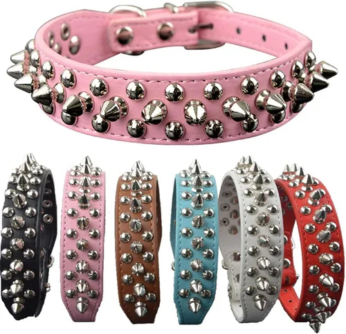 Miniatura 4 de Dogs Kingdom Collar de piel suave con remaches y picos de piel suave, hebilla ajustable, para perros pequeños, medianos y grandes, color rosa, XXS