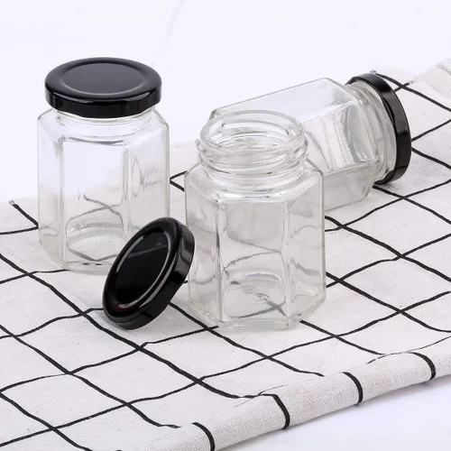 Miniatura 5 de Tarros hexagonales transparentes de 4 onzas, pequeños frascos de vidrio para miel con tapas (negras), tarros Mason para hierbas, alimentos