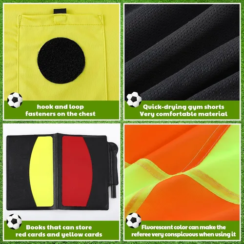 Miniatura 4 de Hicarer Juego de 6 piezas de árbitro de fútbol para hombres, disfraz de árbitro de fútbol, camisa, banderas, tarjetas de silbato, accesorio