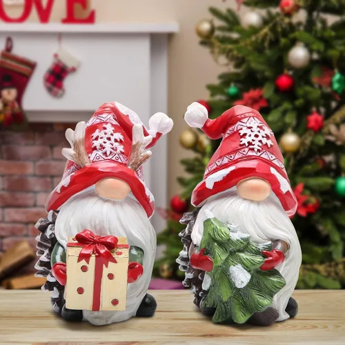 Miniatura 2 de Hodao Figuras de resina de gnomos de Navidad con sombreros rojos y diseño de copo de nieve, bonita estatua coleccionable para decoración de mesa