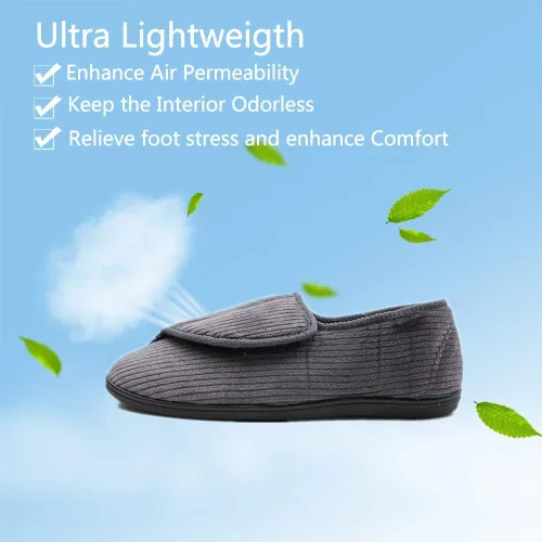 Miniatura 4 de Pantuflas diabéticas para hombre, extra anchas, espuma viscoelástica, cómodas, con cierre ajustable para pies hinchados, edema, artritis, ancianos