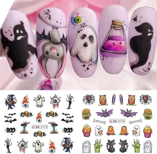 Miniatura 7 de Calcomanías de arte de uñas de Halloween, calcomanías de transferencia de agua, calcomanías de uñas de Halloween, calcomanías de dibujos animados