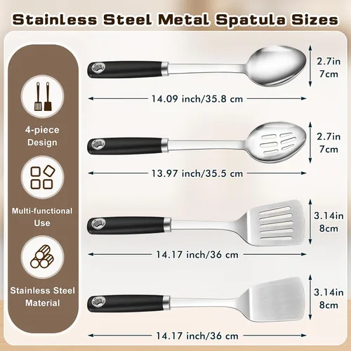 Miniatura 7 de Juego de 4 utensilios de cocina de acero inoxidable, herramientas de cocina de metal resistentes al calor, incluye espátula Wok sólida y ranurada