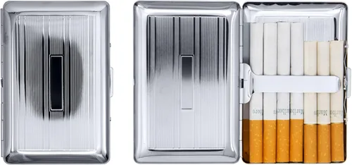 Miniatura 5 de Juego de 2 cajas de cigarrillos ultra compactas chapadas en metal tamaño King y caja de almacenamiento (estampado Victoria plateado)