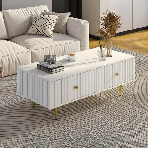 Miniatura 10 de HedoAjim Mesa de centro moderna con almacenamiento con 2 cajones grandes, mesa auxiliar rectangular negra para sala de estar, mesa de té acanalada