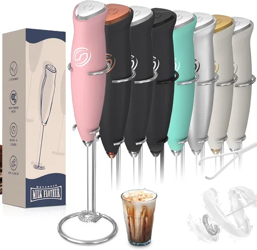 Espumador de leche con soporte, espumador de leche, espumador de café, batidor de mano con 2 batidores, agitadores eléctricos, espumador de leche