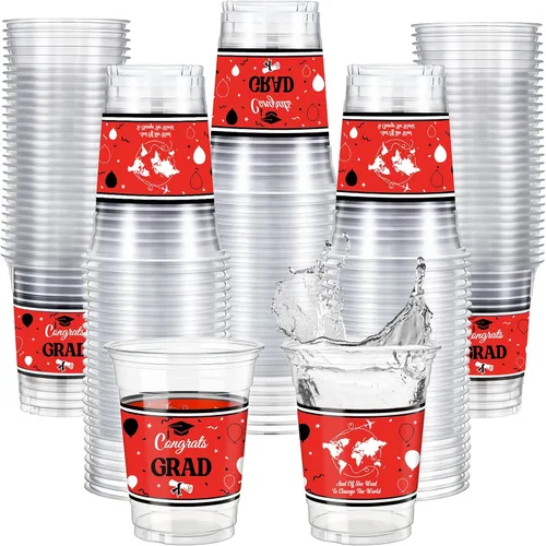 Miniatura 15 de Qinyoung 100 vasos de plástico con lazo rosa de 12 onzas, vasos desechables de coqueta, lazo rosa y corazón, vasos de plástico transparente