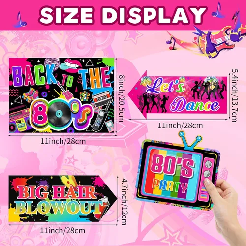 Miniatura 2 de Hooqict 20 piezas de decoraciones de fiesta de los años 80, letrero retro de neón para adultos, disco hip hop, temática de los años 80, suministros