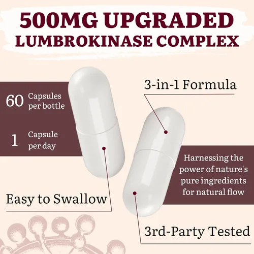 Miniatura 7 de Lumbrokinase 100 mg (Actividad máxima 1,000,000 LKU), Nattokinase 100 mg-2,000 FU de actividad y arroz de levadura roja 300 mg, suplemento
