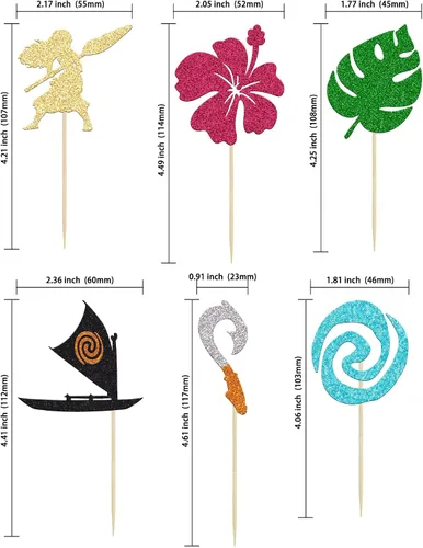 Miniatura 2 de 24 piezas inspiradas en Mo para cupcakes de cumpleaños con purpurina de hoja de palma, flor de moana, decoración de fiesta de cumpleaños hawaiana