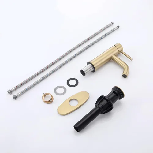 Miniatura 7 de Grifo de baño de un solo agujero dorado cepillado, grifo Senhozi para fregadero de baño, 1 orificio con placa de cubierta de 6 pulgadas, grifo