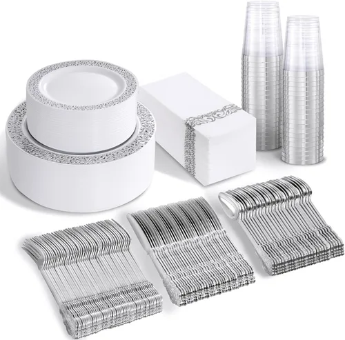 Miniatura 23 de bUCLA Juego de vajilla de plástico dorado desechable de 150 piezas, platos dorados resistentes que incluyen 25 platos de cena y 25 platos de postre