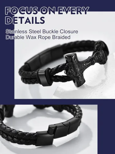 Miniatura 4 de Bandmax Pulsera trenzada de cuero negro para hombre con colgante gótico punk, pulsera de cuero con hebilla de acero inoxidable, paquete de regalo