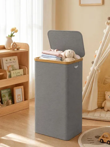 Miniatura 8 de iEGrow Cesto para la ropa sucia con tapa, cesta grande para la ropa sucia de 110 litros con asa y tapa, organizador de ropa plegable con bolsa Gris
