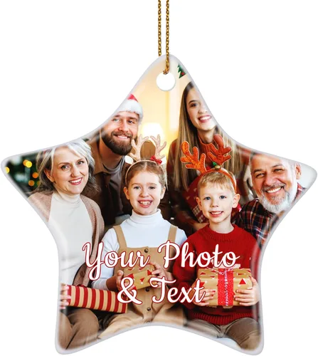 Miniatura 14 de Paquete de 4 adornos de Navidad personalizados 2025 de cerámica personalizada con foto y texto para decoración de árbol de Navidad, primera Navidad