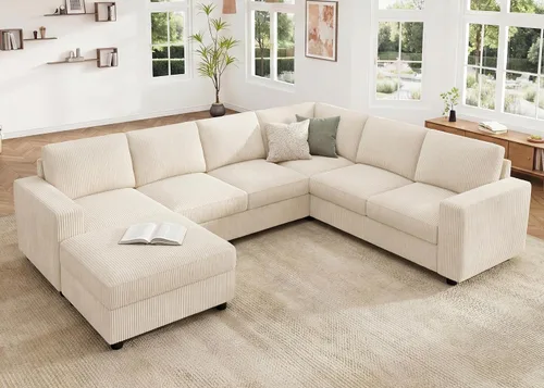 Miniatura 11 de HONBAY Sofá modular de pana con almacenamiento en forma de L para sala de estar, sofá seccional de 6 plazas, color beige