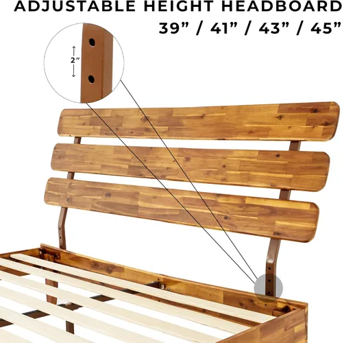 Miniatura 7 de Bme Caden Base de cama de lujo de 15 pulgadas con cabecera ajustable, estilo de mediados de siglo con madera de acacia, no necesita somier, soporte