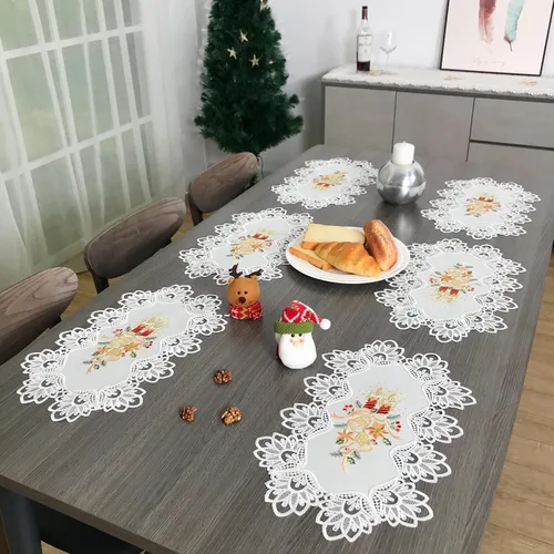 Miniatura 16 de Camino de mesa de Navidad 100% poliéster, bordado de encaje de Navidad, decoraciones de mesa de Navidad de 16 x 52 pulgadas, velas de pascua